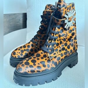 NEW $895 Stuart Weitzman Crystal Nova Bedford Calf Hair Leopard Booties